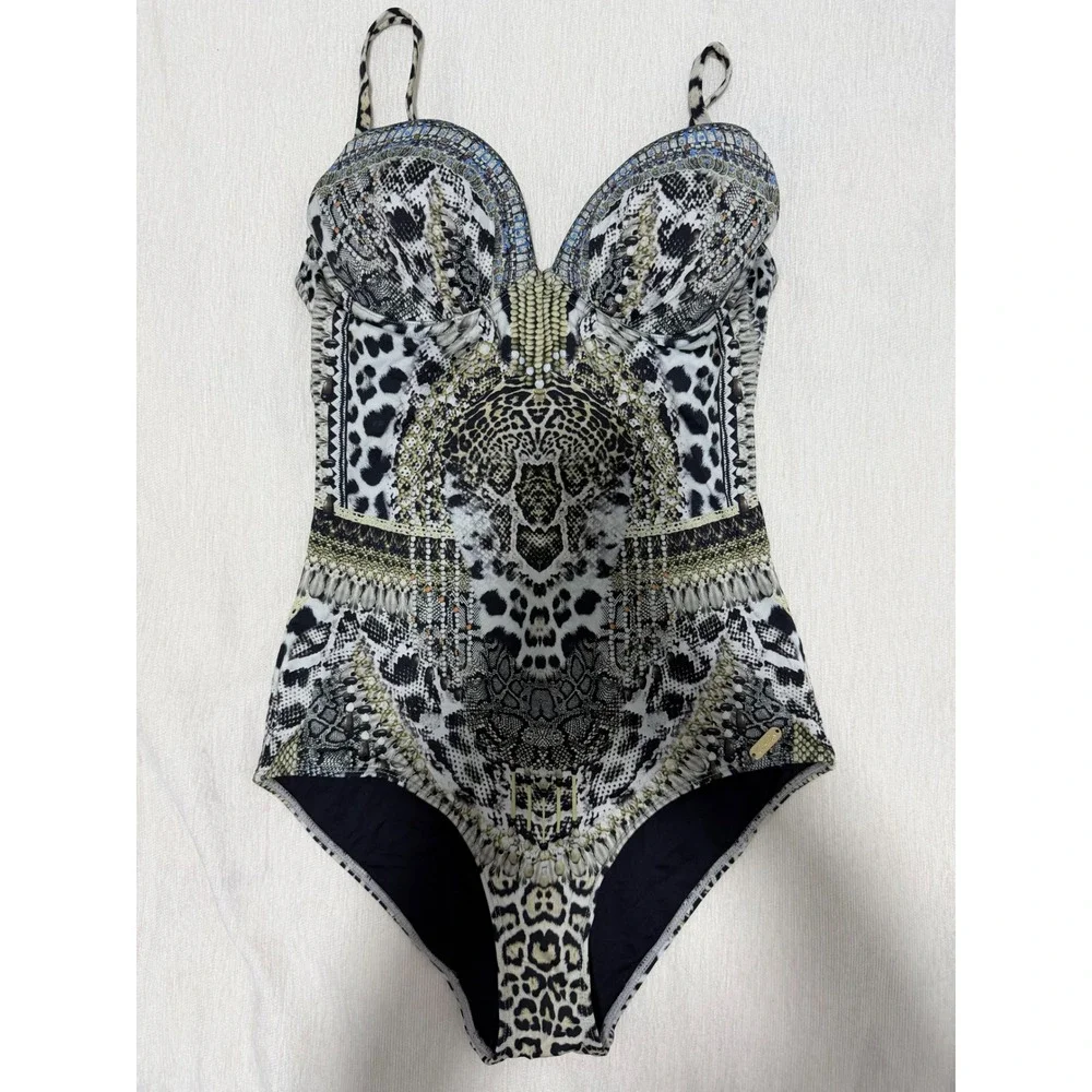 Camilla Moulded Plunge Animal Print Crystal One-Piece Swimsuit US‎ 6
